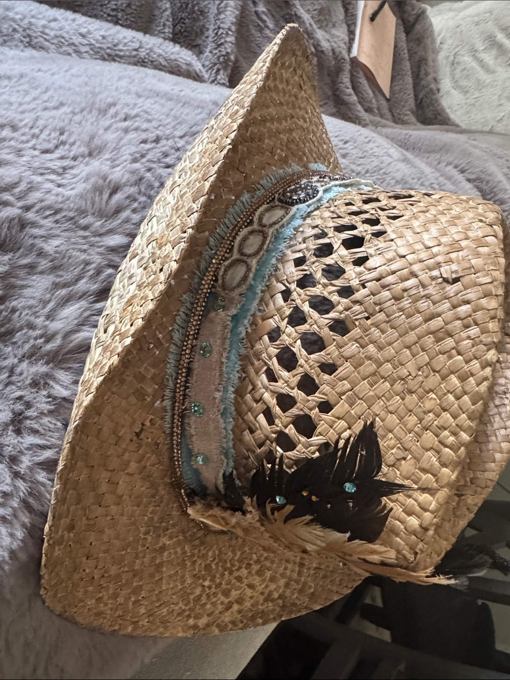 Straw Feather Embellished Cowboy Hat - Natural Tan with Black & Beige Feathers - Picture 3 of 4